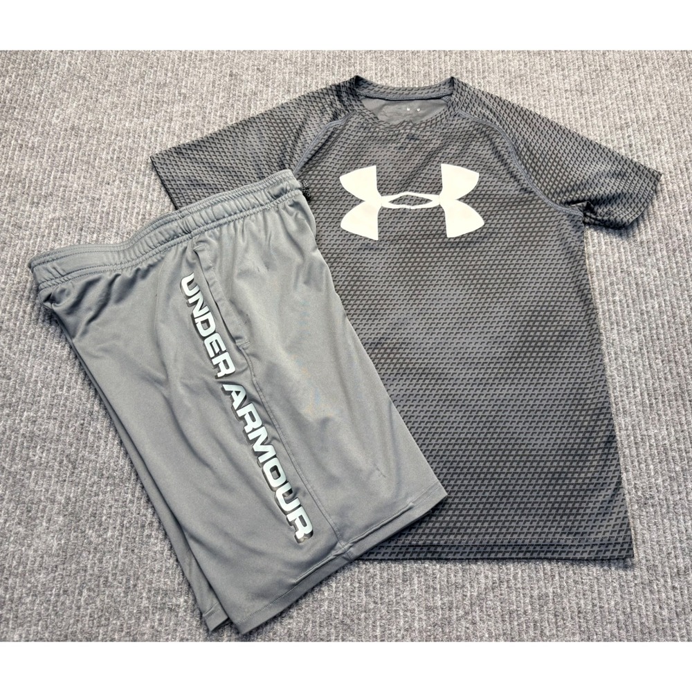 Under Armour Kids Gray HeatGear T-Shirt and Shorts Athletic Set Size Medium